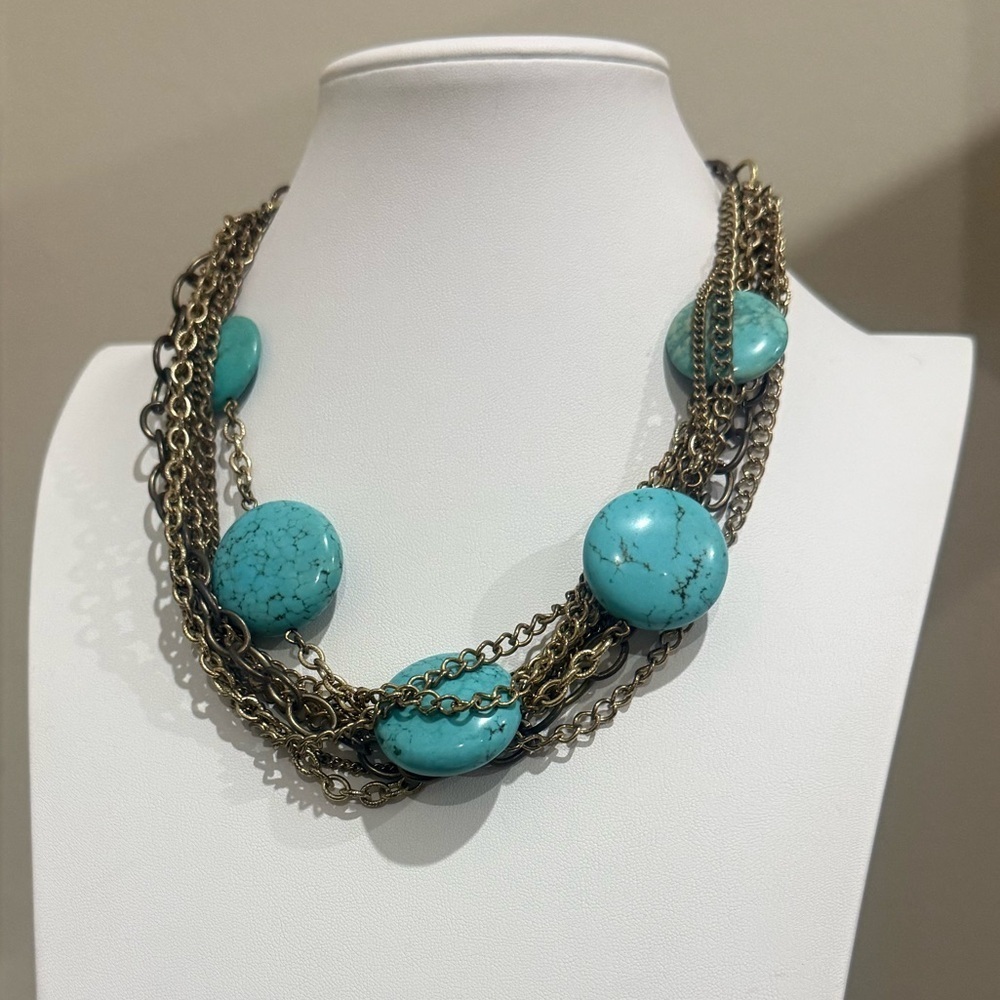 Antique Gold Multi Chain Turquoise Statement Necklace